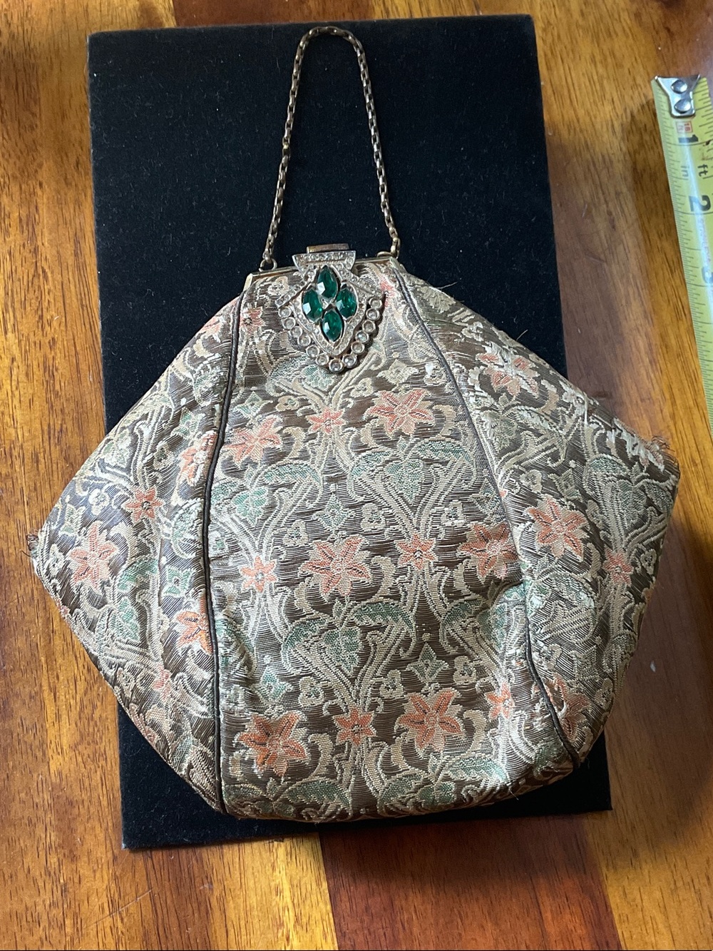 Vintage Floral Brocade Evening Bag with Emerald Accent